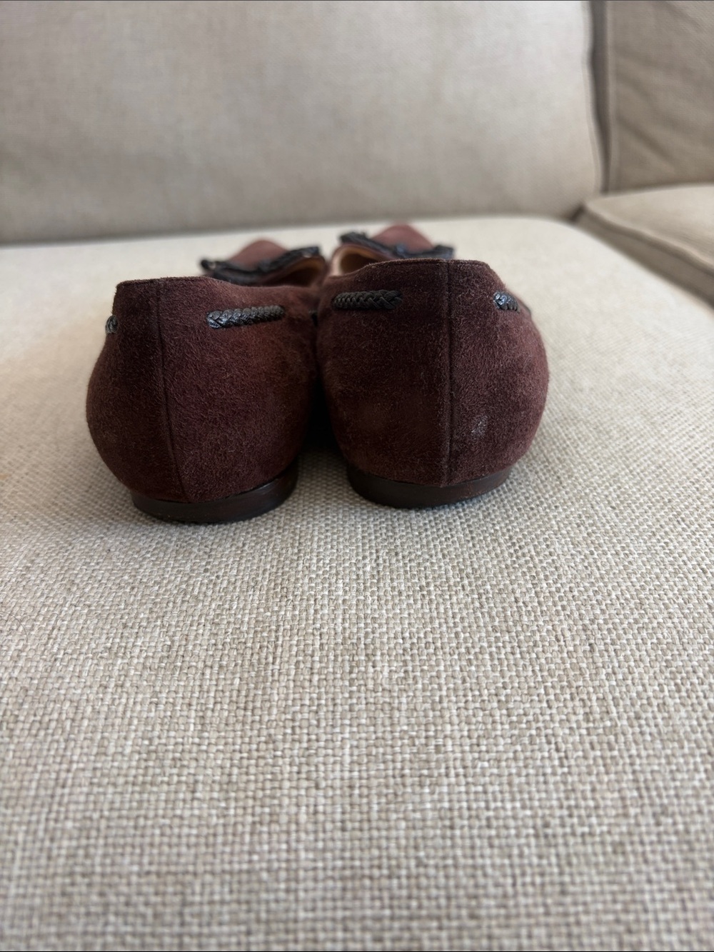 Manolo Blahnik Dark Brown Suede Pointed-Toe Flats with Braided Trim - Picture 4 of 9